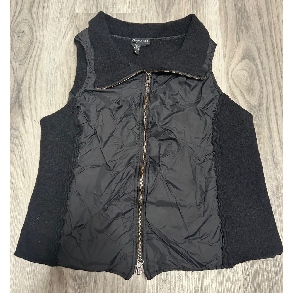 Eileen Fisher Womens Mixed Media Wool Nylon Puffer Vest L Black